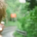 Smiling child slightly leaning out of a car window with a forest on the right